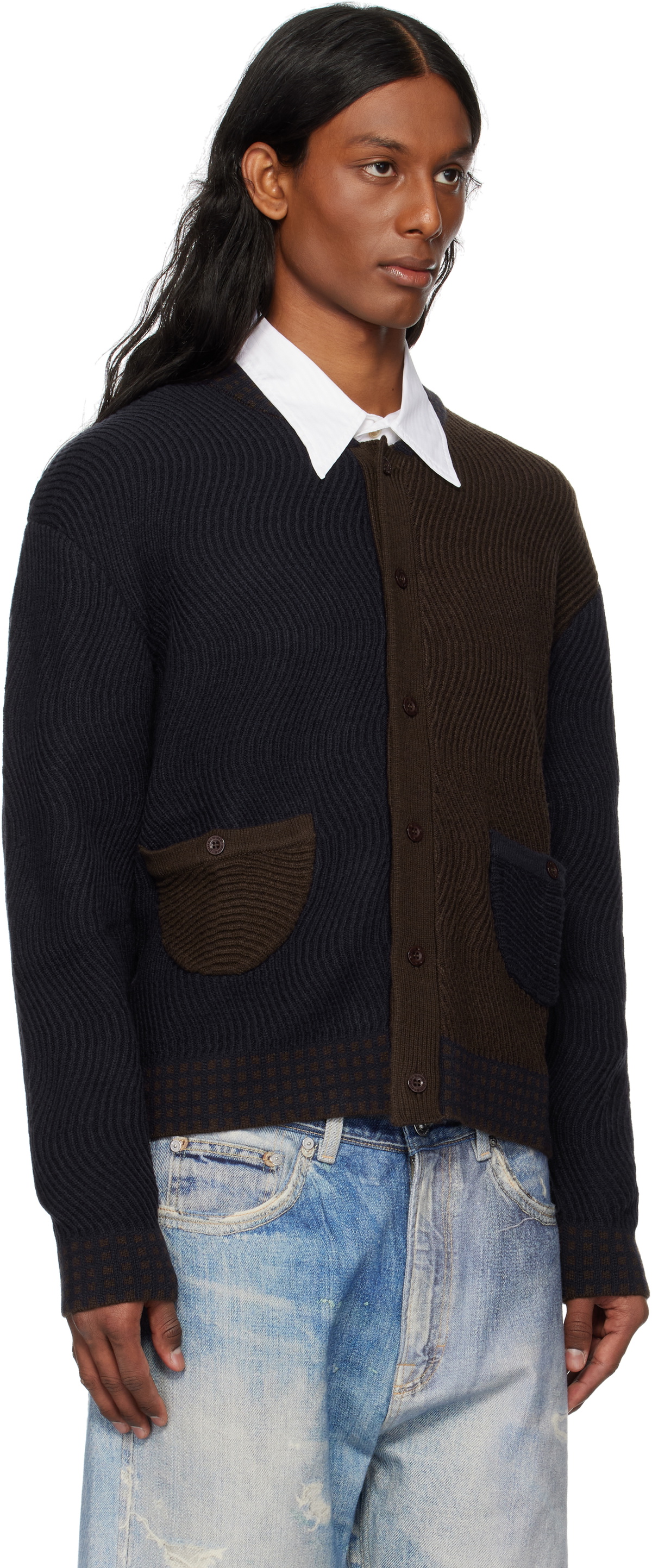 Dime Navy & Brown Wave Knit Cardigan Dime