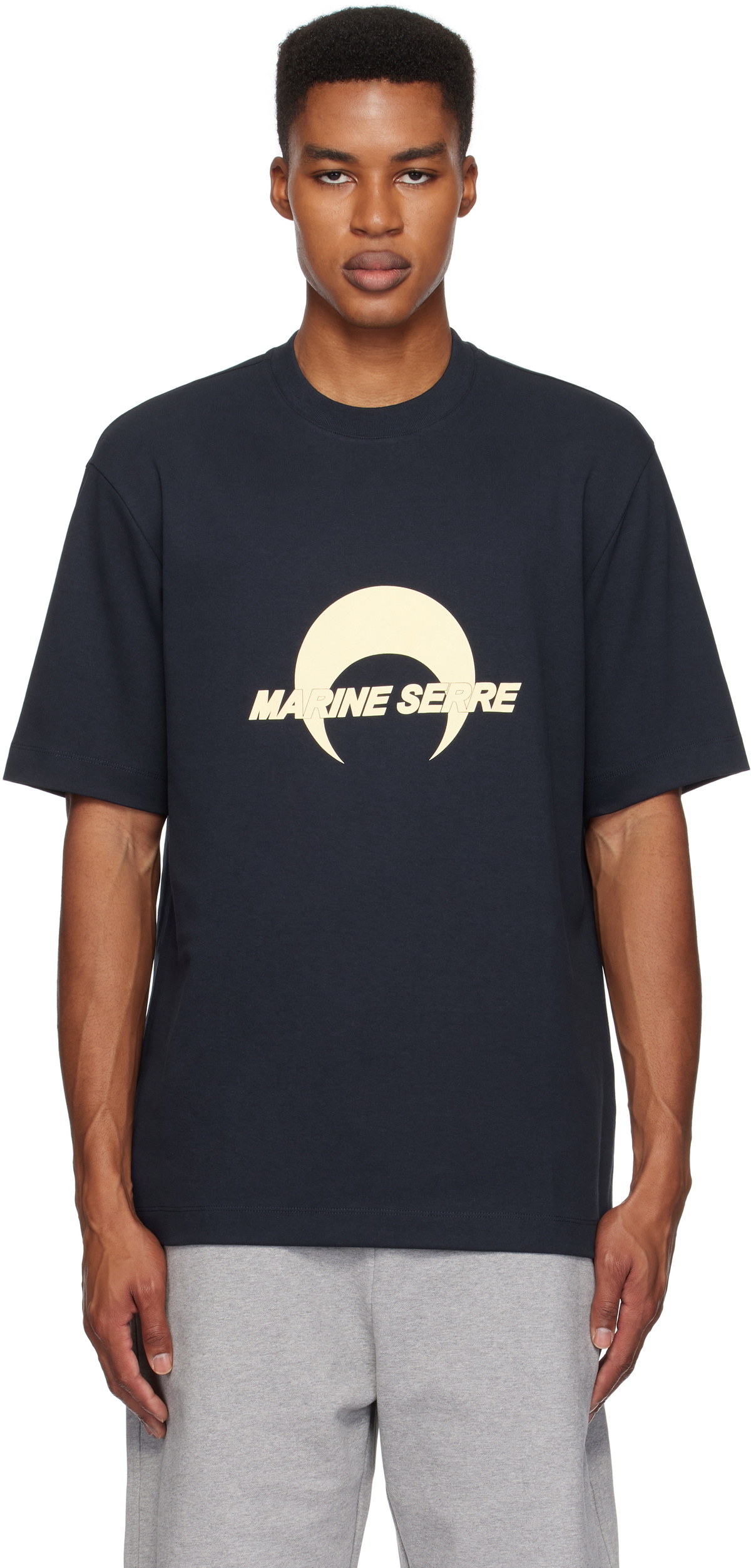 Marine Serre Navy Cotton Jersey Loose Fit T-Shirt Marine Serre