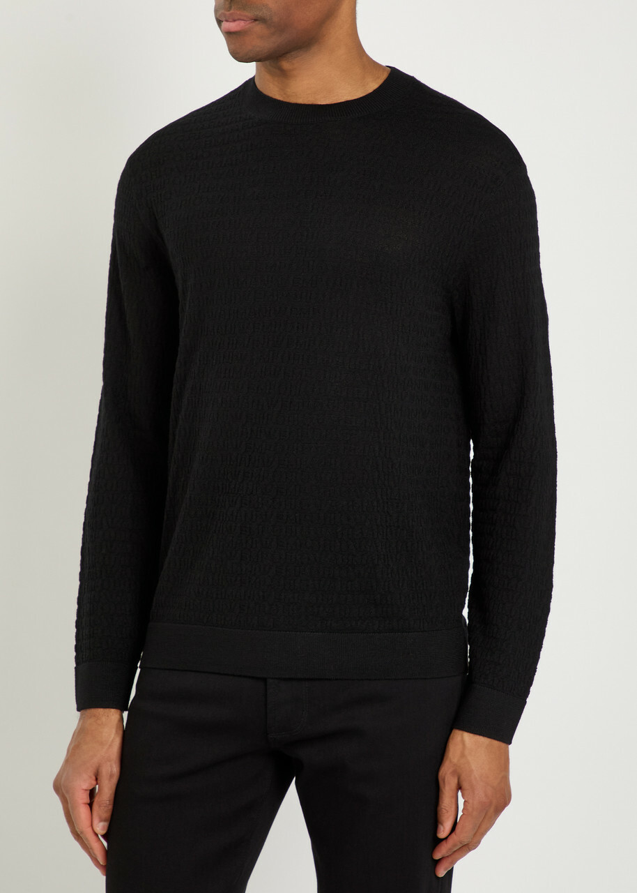Emporio Armani Logo-weave Fine-knit Wool Jumper Black