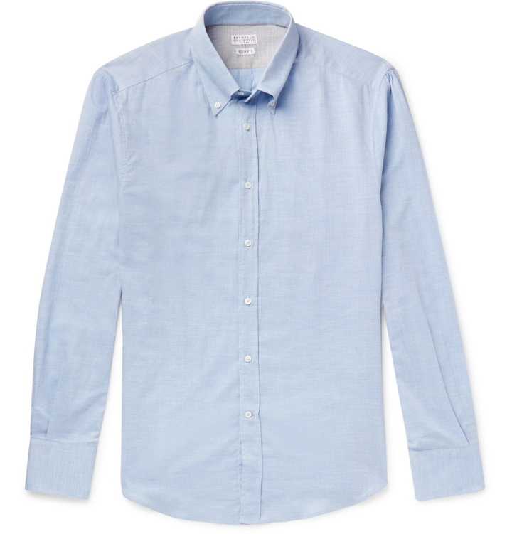 Photo: Brunello Cucinelli - Slim-Fit Button-Down Collar Herringbone Cotton Shirt - Blue