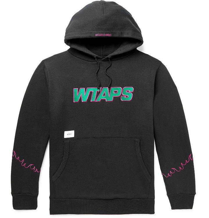 Photo: WTAPS - Drifters Embroidered Mélange Fleece-Back Cotton-Blend Jersey Hoodie - Black