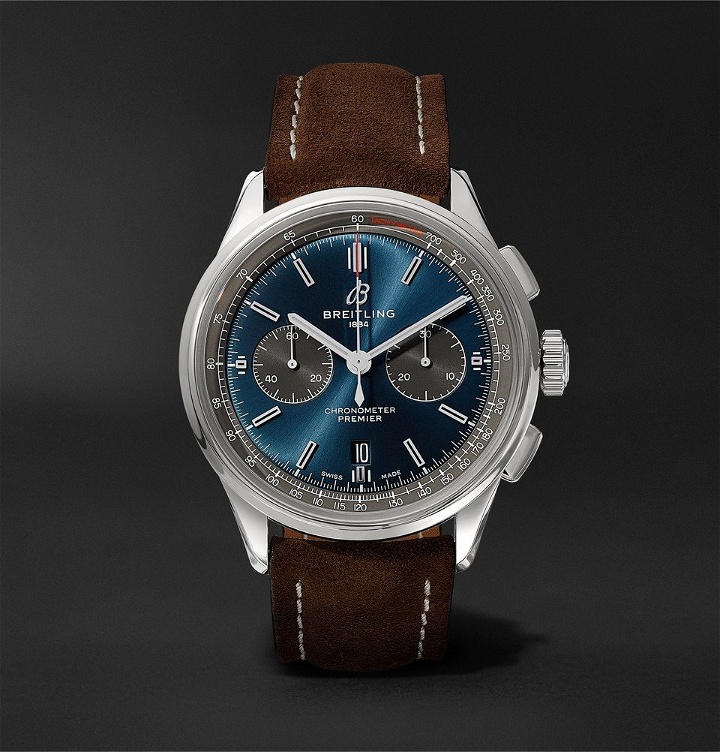 Photo: Breitling - Premier B01 Chronograph 42mm Stainless Steel and Nubuck Watch - Blue