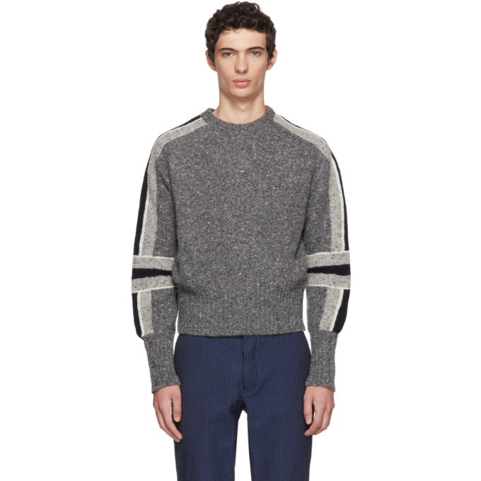 Photo: Thom Browne Grey Articulated Stripe Classic Crewneck Sweater