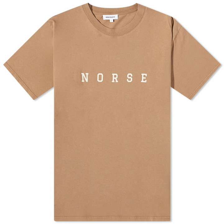 Photo: Norse Projects Men's Johannes Varsity Logo T-Shirt in Camel