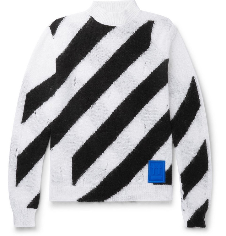 Photo: Off-White - Logo-Appliquéd Distressed Striped Mohair-Blend Sweater - White