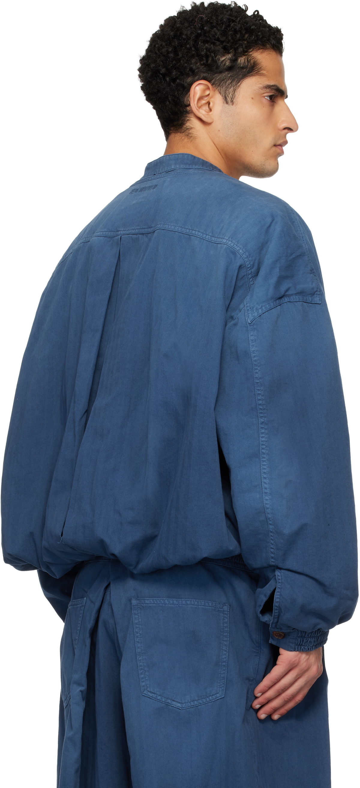 Hed Mayner Blue Herringbone Denim Bomber Jacket