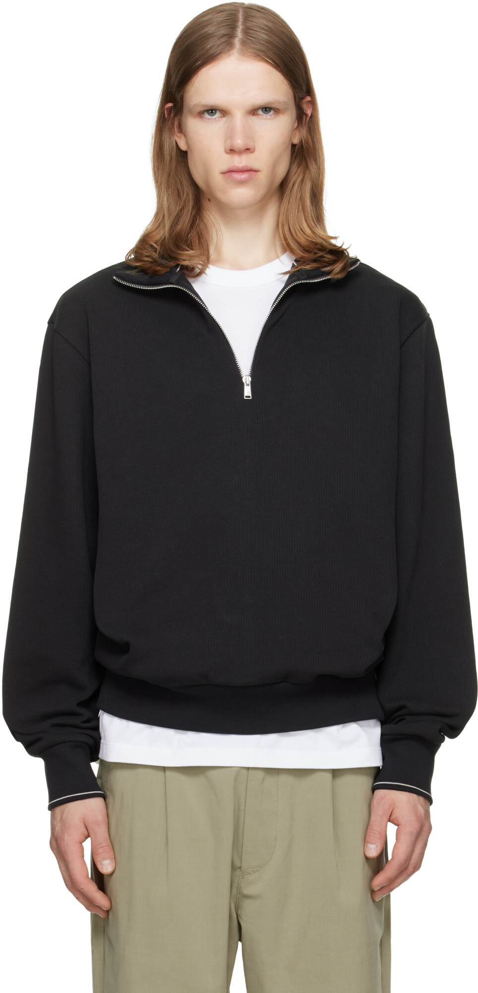 BOSS Black Zipper Neck Structured Cotton Sweatshirt