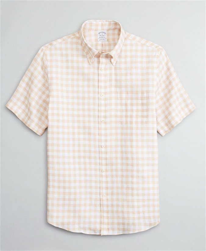 Photo: Brooks Brothers Men's Regent Regular-Fit Sport Shirt, Irish Linen Short-Sleeve Gingham | Light Beige