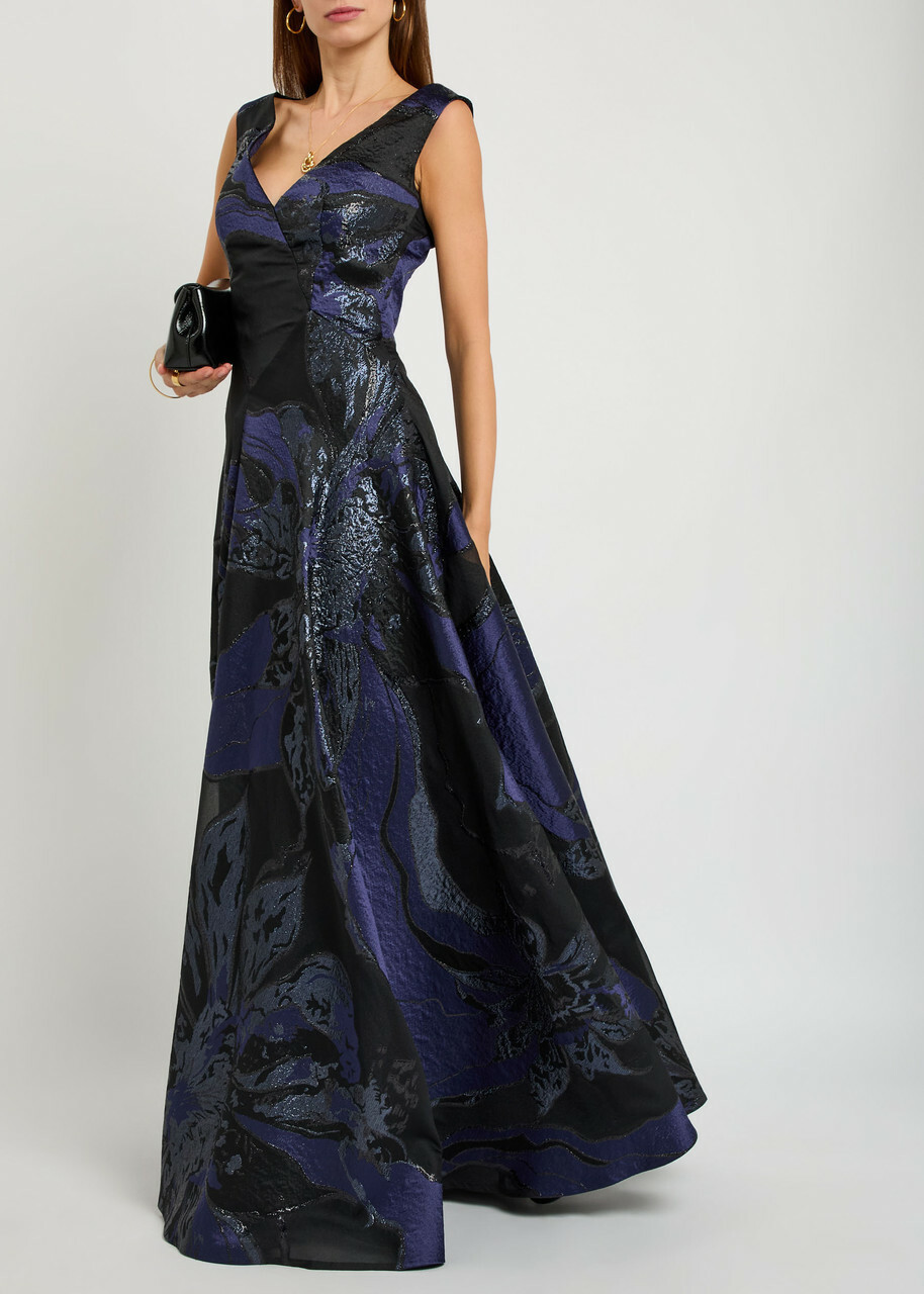 Talbot Runhof Floral-jacquard Woven Gown Navy