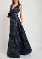 Talbot Runhof Floral-jacquard Woven Gown Navy