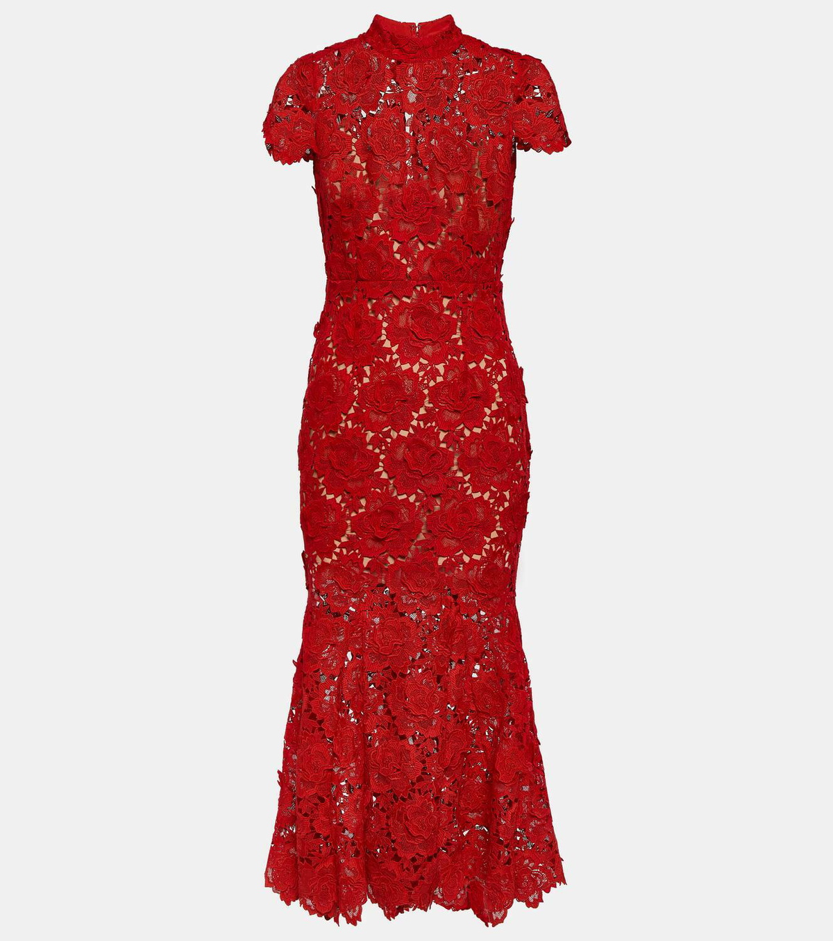 chinese dress ladies Red Fine Cord Lace Midi Dress (Red)
