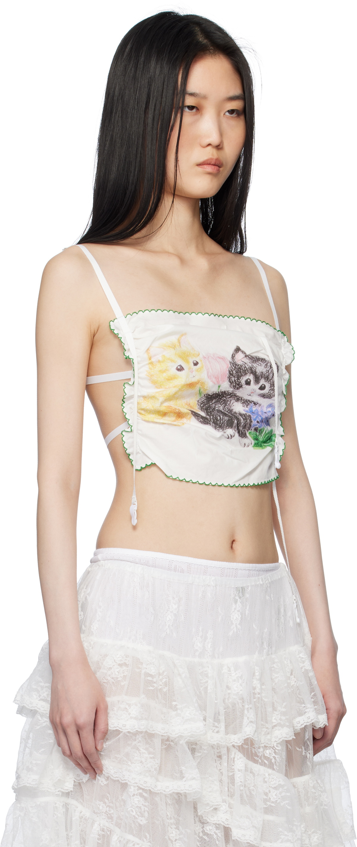 Yuhan Wang SSENSE Exclusive White Cat Printed Handkerchief Cotton Camisole