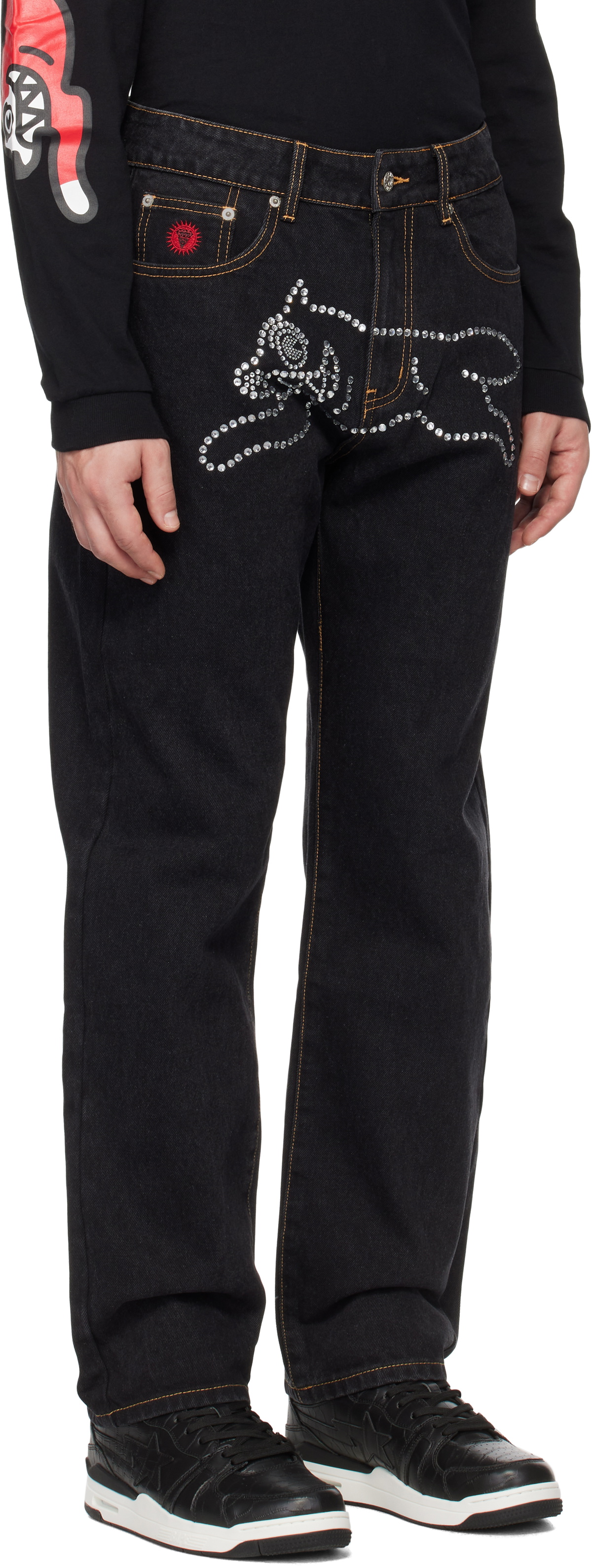 ICECREAM Black Rhinestone Running Dog Jeans ICECREAM