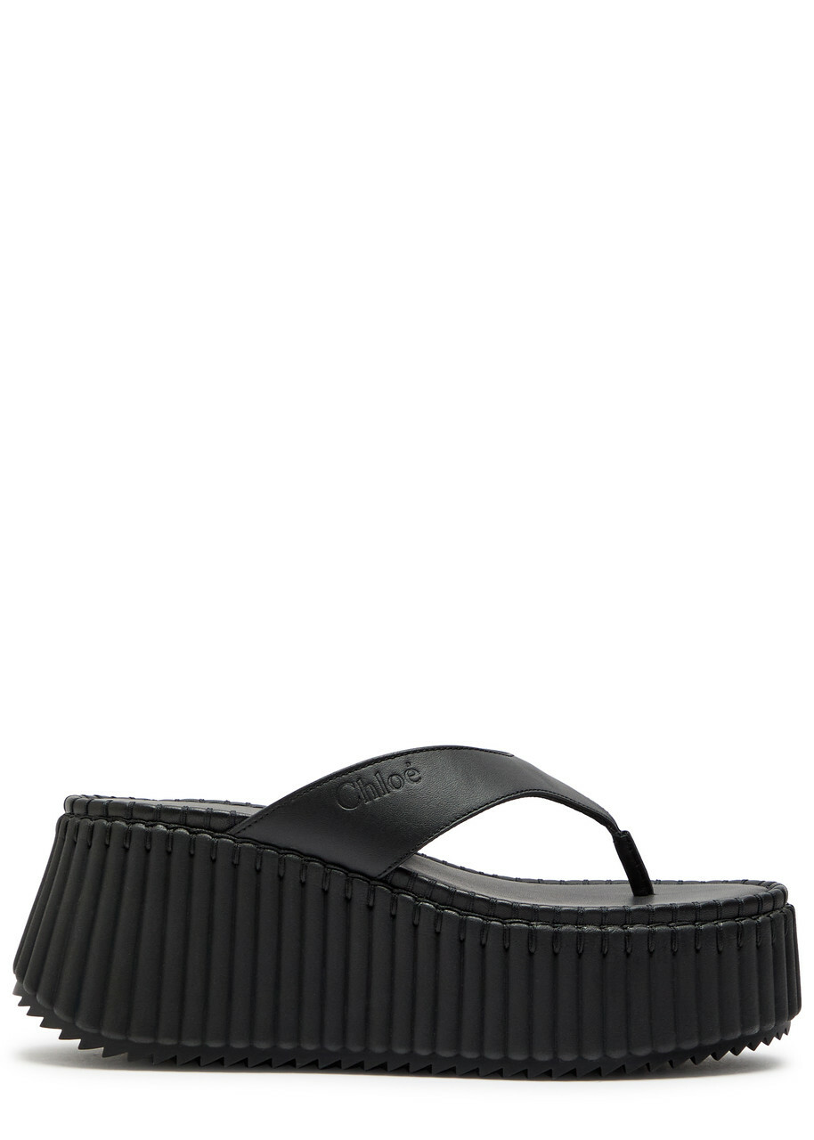 Chloe Nama 80 Thong Leather Wedge Sandals Black