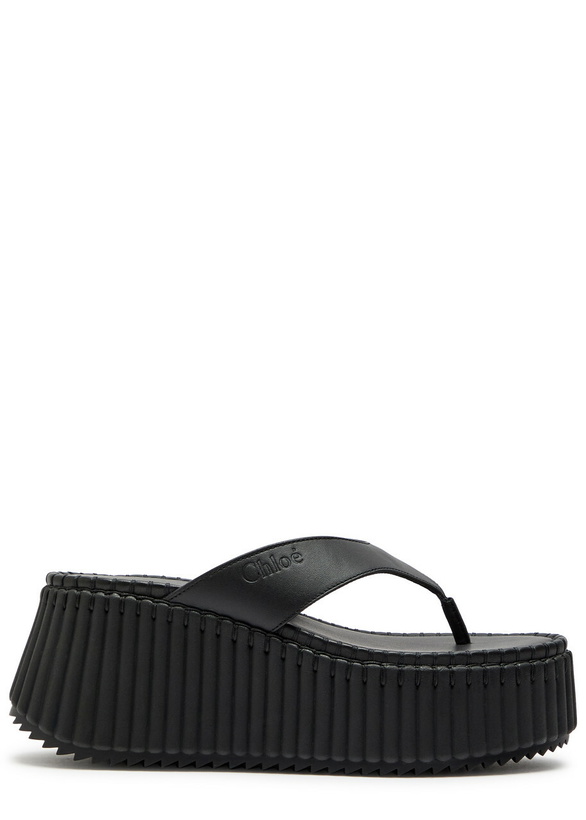 Photo: Chloe Nama 80 Thong Leather Wedge Sandals Black