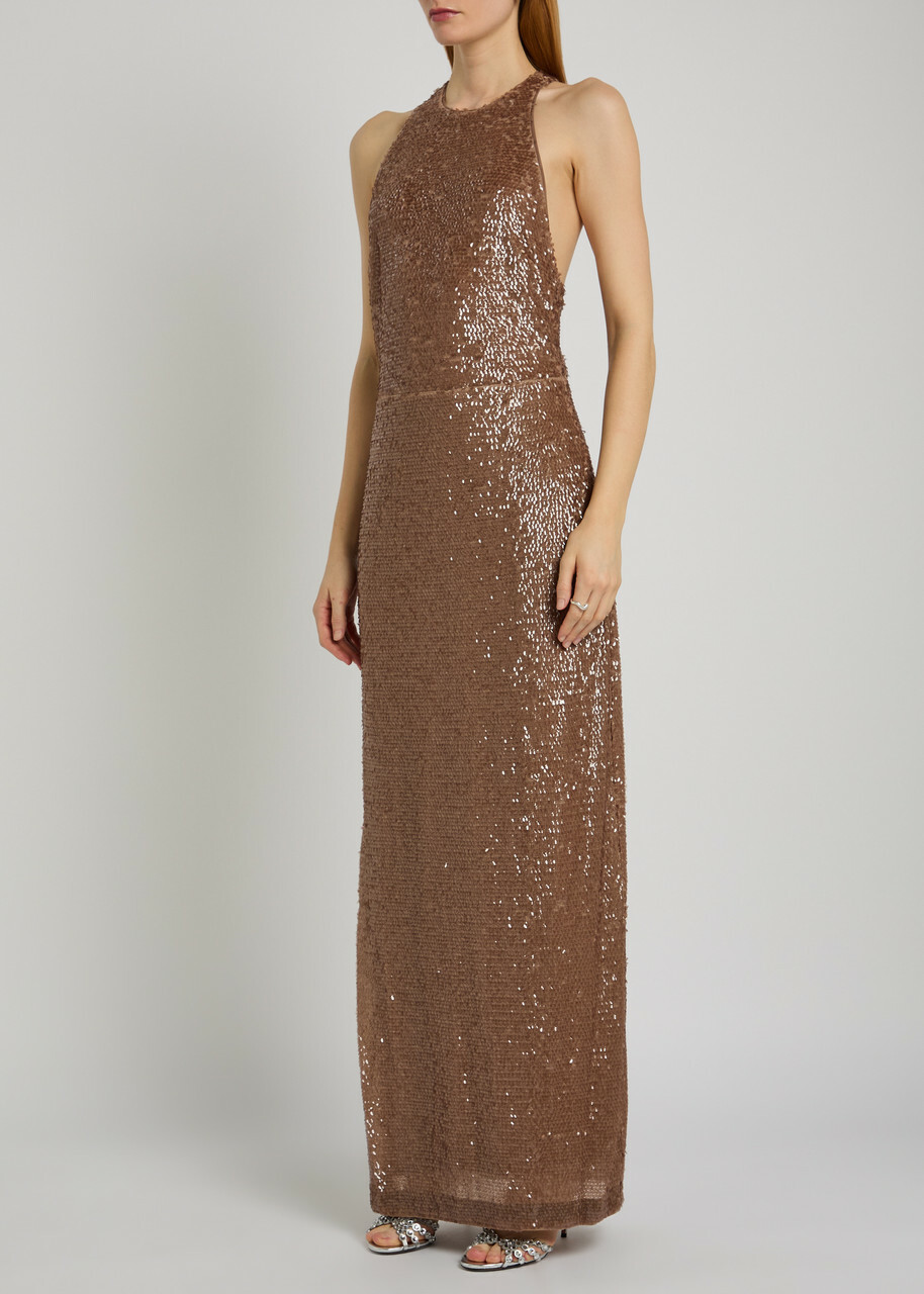 Staud Bree Sequin Embellished Stretch-mesh Maxi Dress Dark Pink
