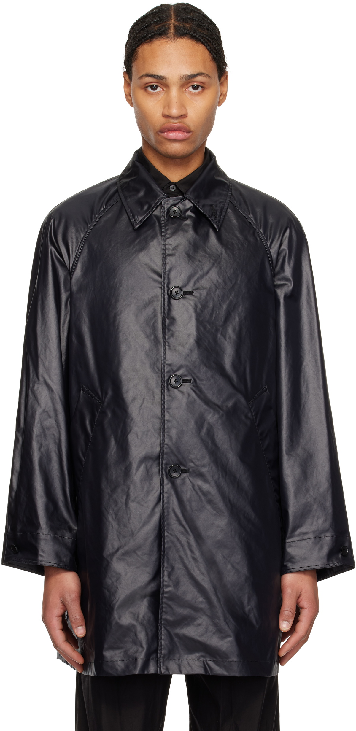 (送料無料) YOKE / LEATHER-LIKE CAR COAT YOKE Black Leather-Like Car Coat YOKE