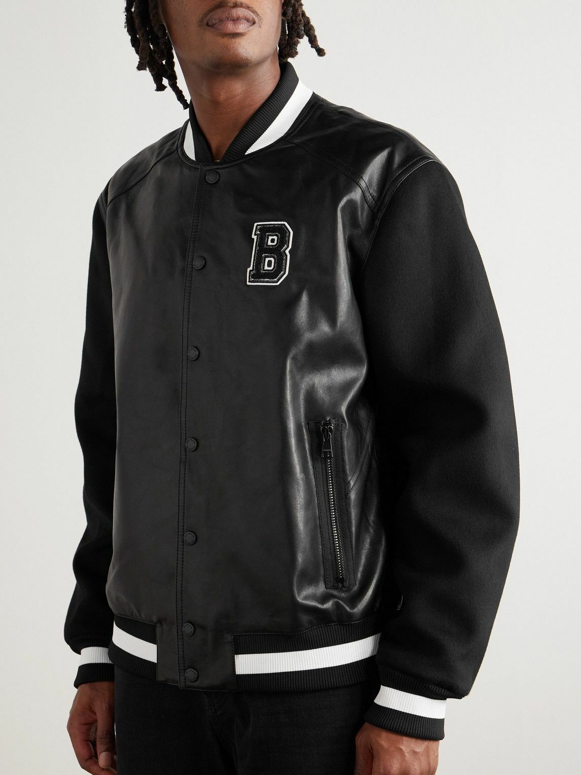 Balmain - Logo-Appliquéd Leather and Wool Varsity Jacket - Black