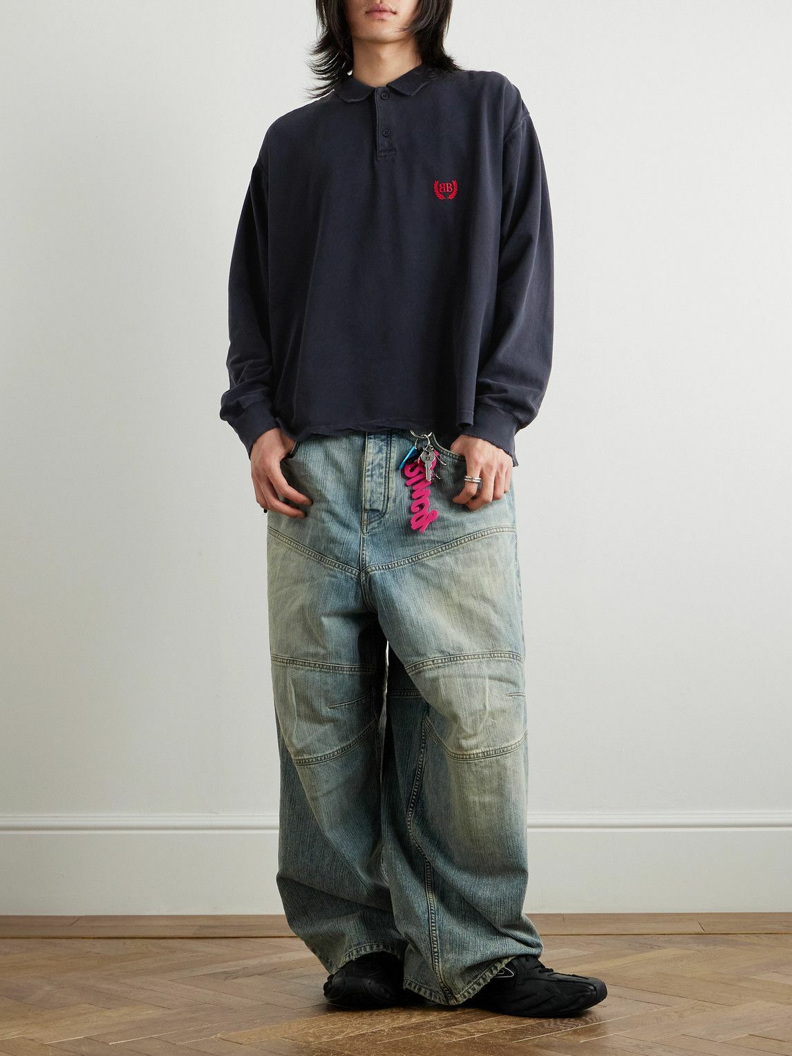 Balenciaga - Laurel Embroidered Distressed Cotton-Piqué Polo Shirt - Black