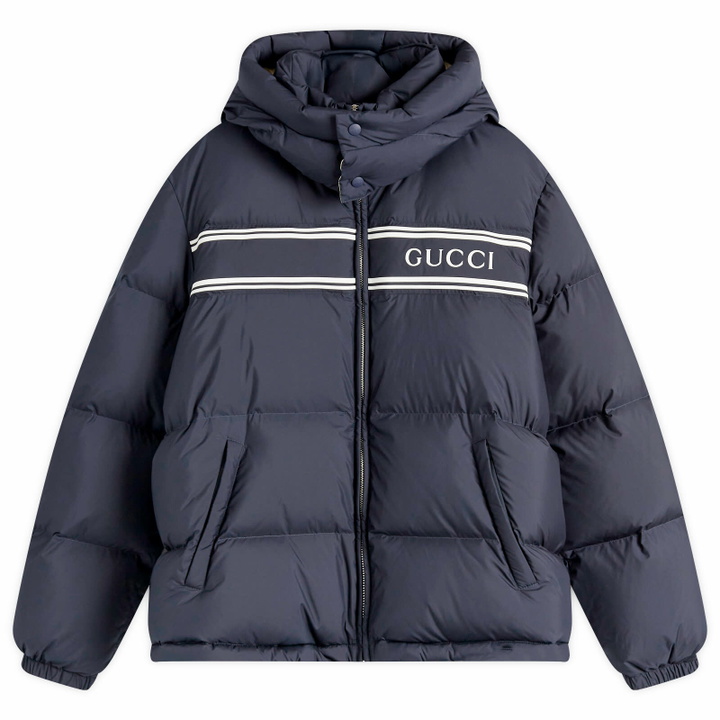 Photo: Gucci Men's Logo Hooded Down Jacket in Navy