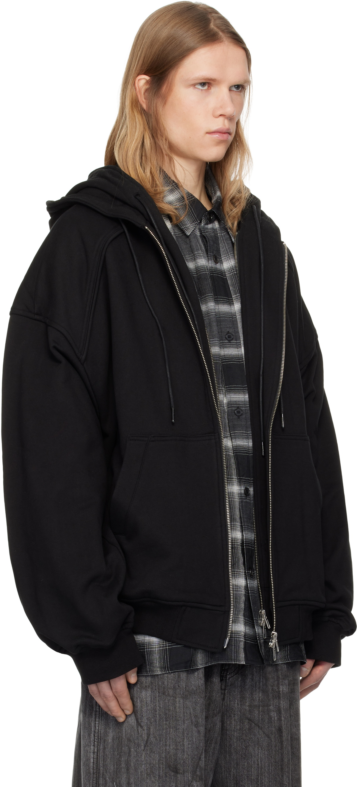Juun.J Black Double Layered Zip-Up Hoodie