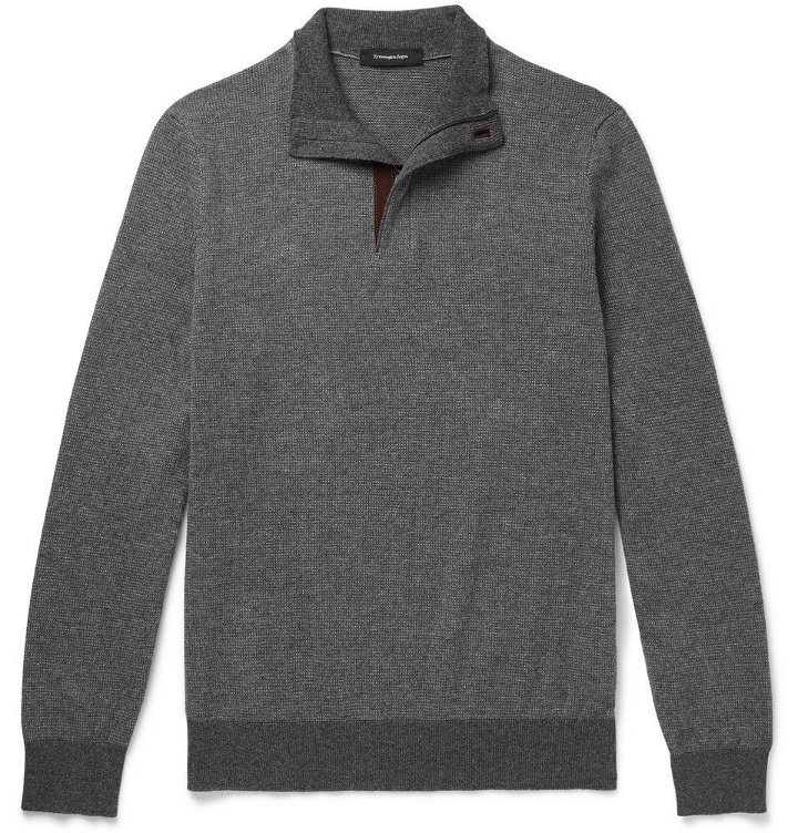 Photo: Ermenegildo Zegna - Slim-Fit Suede-Trimmed Cashmere and Cotton-Blend Half-Zip Sweater - Gray