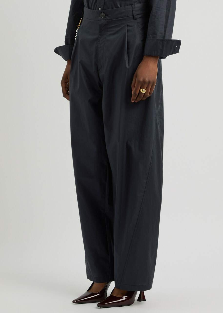 Darkpark Phebe Pearl-embellished Cotton-poplin Trousers Navy