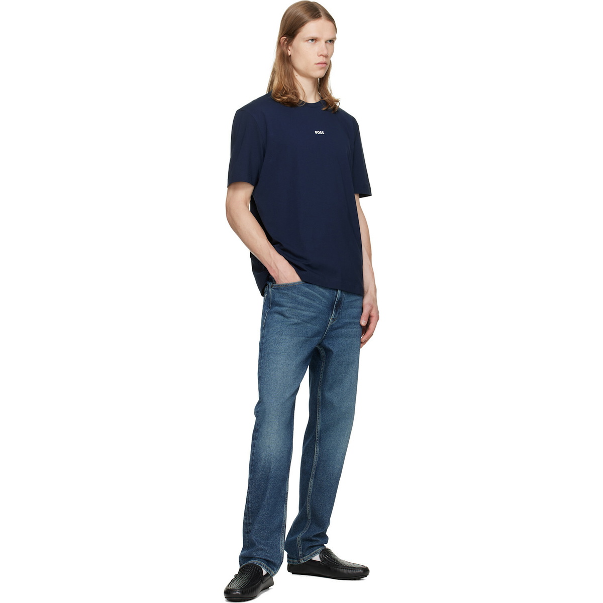 BOSS Navy Stretch-Cotton Contrast Logo T-shirt
