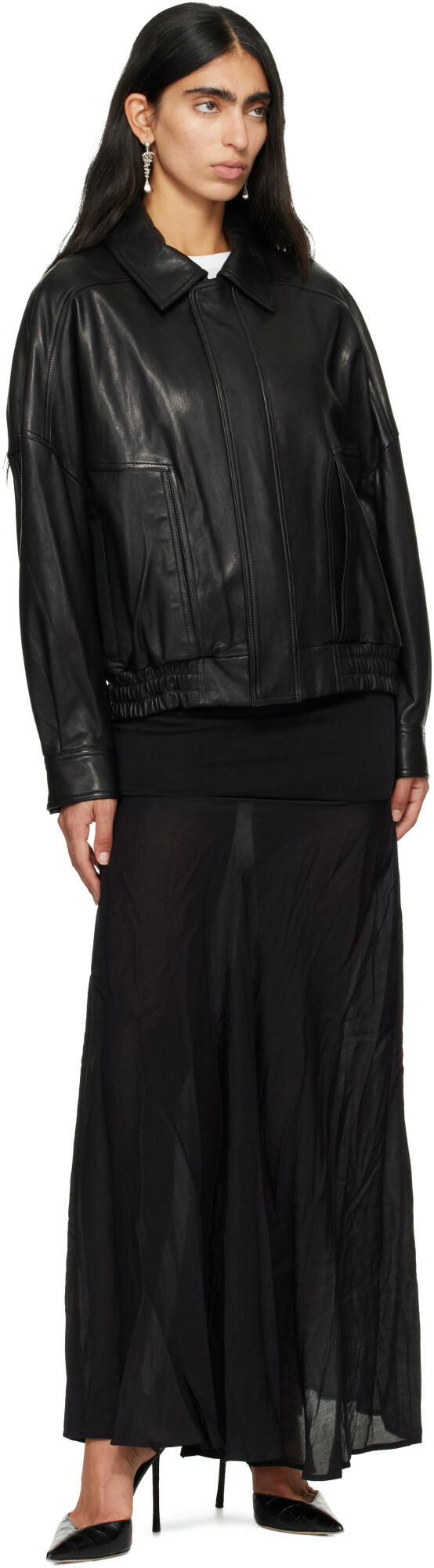 Nour Hammour Black Dalma Leather Bomber Jacket