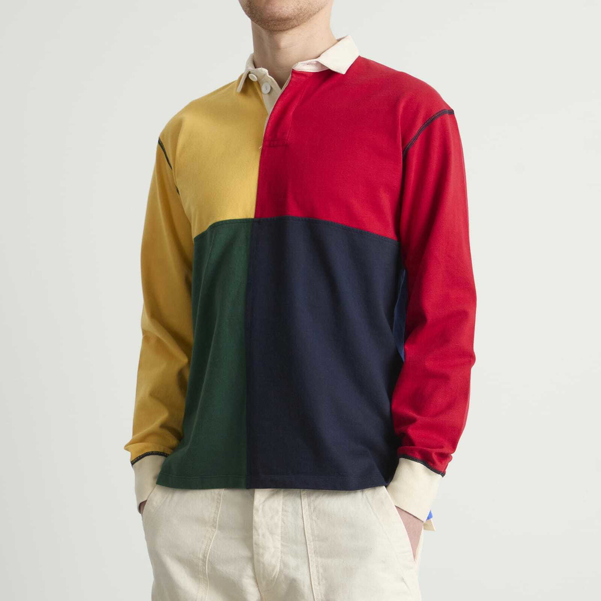 Drake's Men's Colourblock Panel Rugby in Red/Yellow/Blue/Grn Drake's