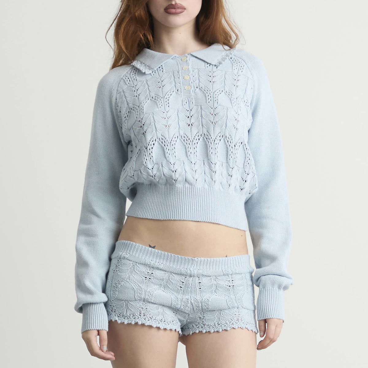 My Mum Made It Women's Buttoned Lace Knit Pullover in Bluewish