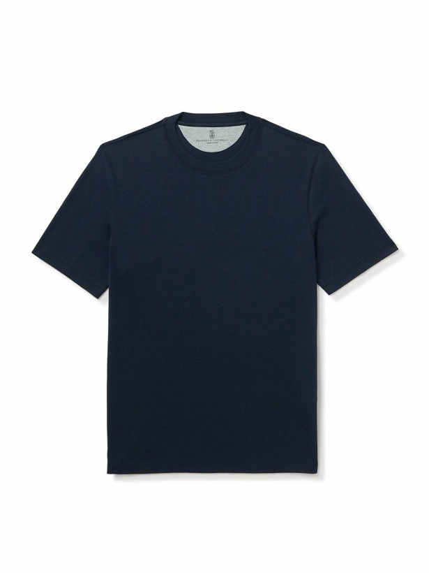 Photo: Brunello Cucinelli - Silk and Cotton-Blend Jersey T-Shirt - Blue