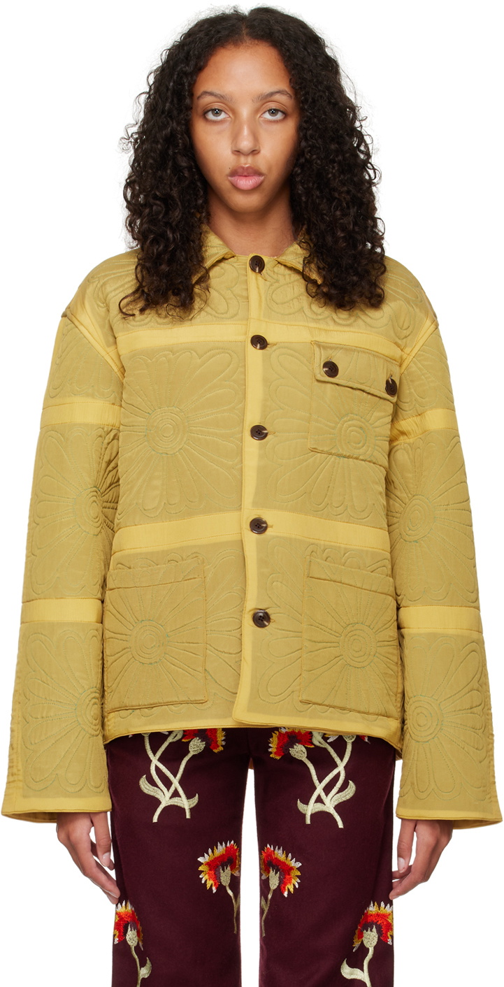 Bode Yellow Botanic Shadow Quilt Jacket Bode