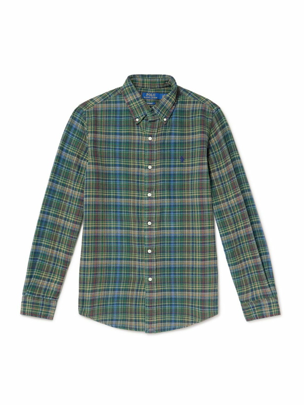 Photo: Polo Ralph Lauren - Button Down-Collar Logo-Embroidered Checked Cotton-Flannel Shirt - Green