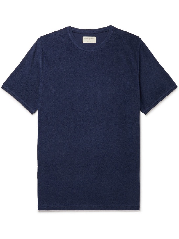 Photo: OLIVER SPENCER LOUNGEWEAR - Ashbourne Cotton-Blend Terry T-Shirt - Blue