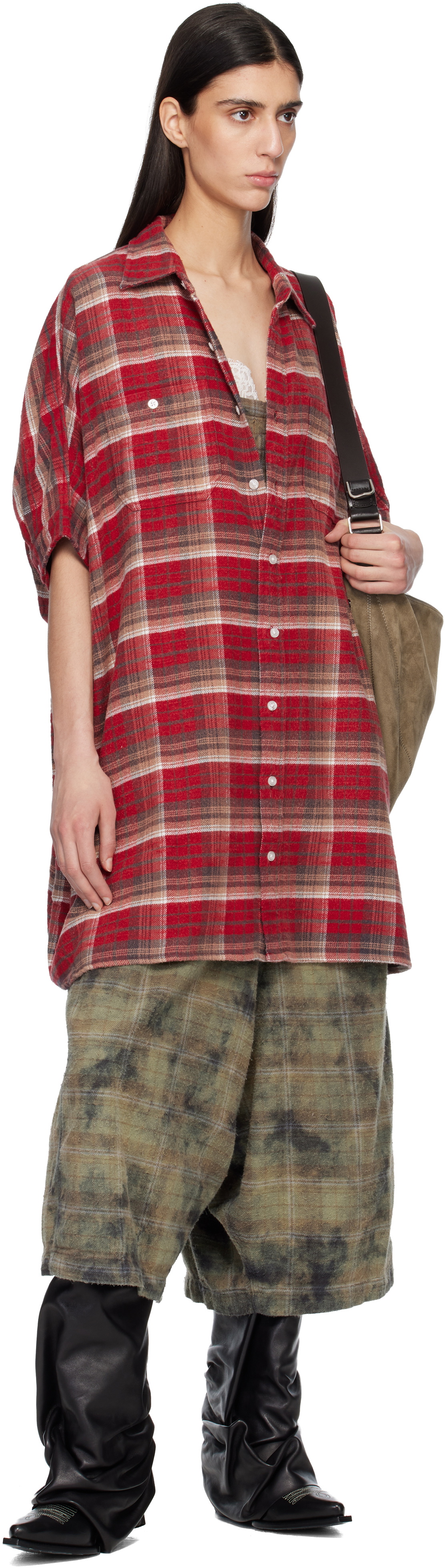 R13 Red Plaid Oversized Boxy Shirt Minidress