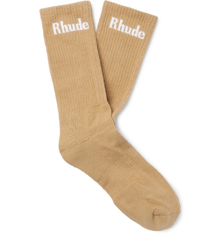 Photo: Rhude - Logo-Intarsia Cotton-Blend Socks - Brown