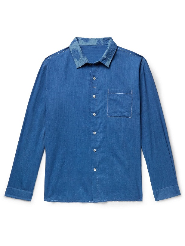 Photo: 11.11/eleven eleven - Embroidered Indigo-Dyed Slub Cotton-Voile Shirt - Blue
