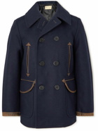 RRL - Oakland Double-Breasted Leather-Trimmed Wool-Blend Coat - Blue