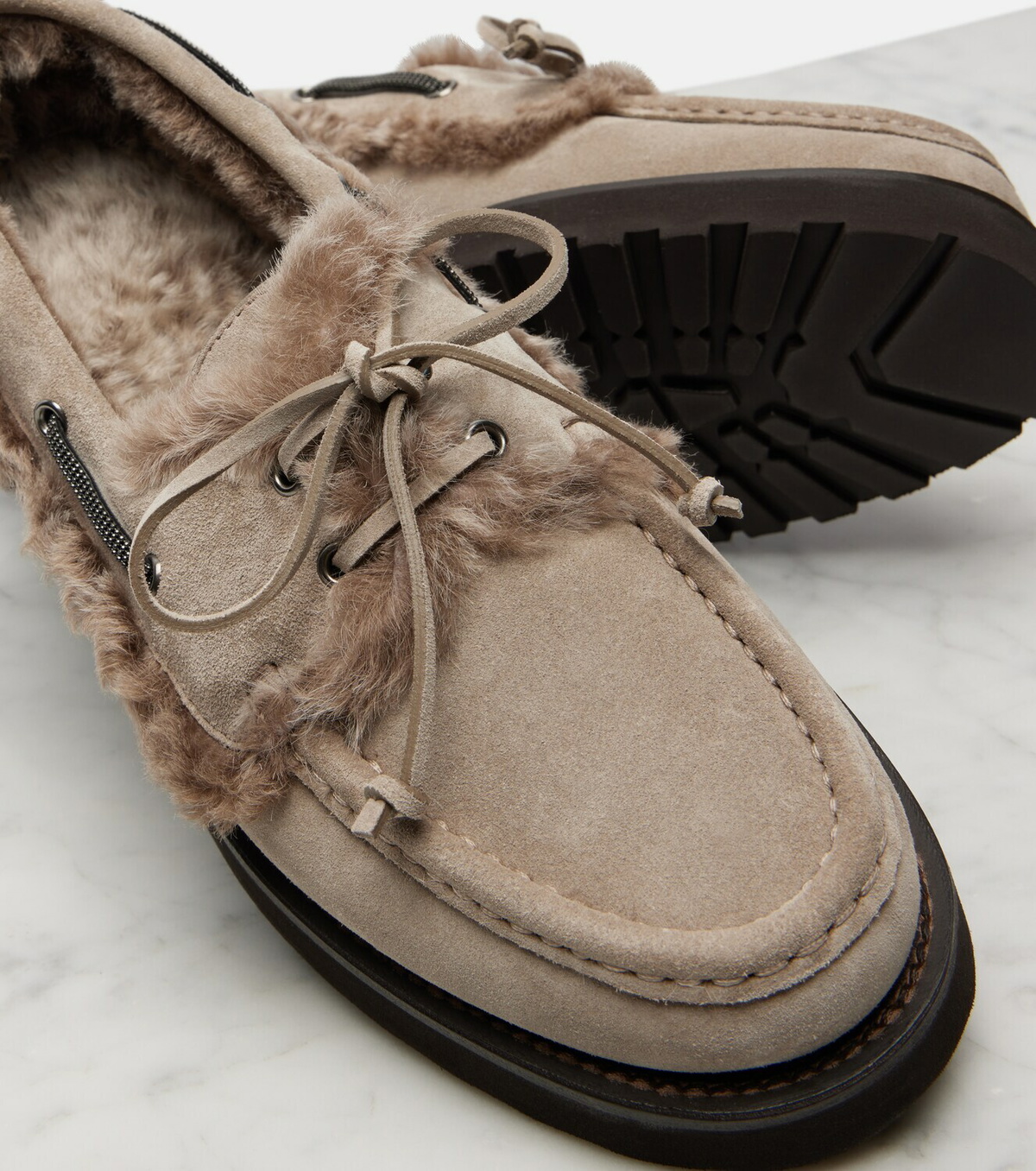 Brunello Cucinelli Monili shearling-trimmed suede boat shoes
