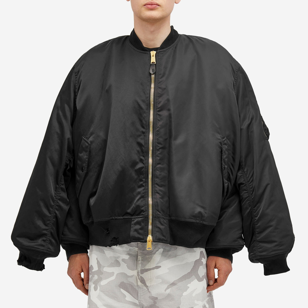Balenciaga Men's Double Sleeve Nylon Bomber Jacket in Black