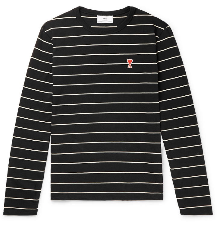 Photo: AMI - Logo-Appliquéd Striped Cotton-Jersey T-Shirt - Black