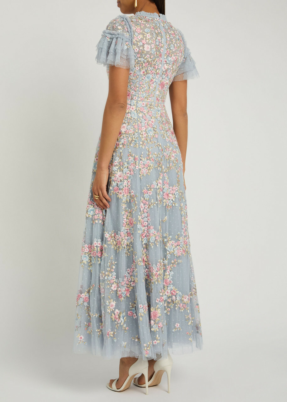 Needle & Thread Lunaria Floral-embroidered Ruffled Tulle Gown Blue