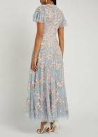Needle & Thread Lunaria Floral-embroidered Ruffled Tulle Gown Blue