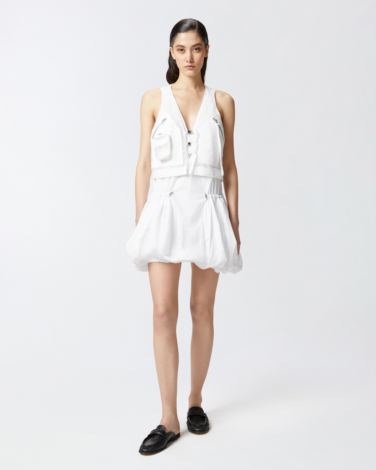 Pinko Mini Dress With Balloon Skirt And Vest Bright White