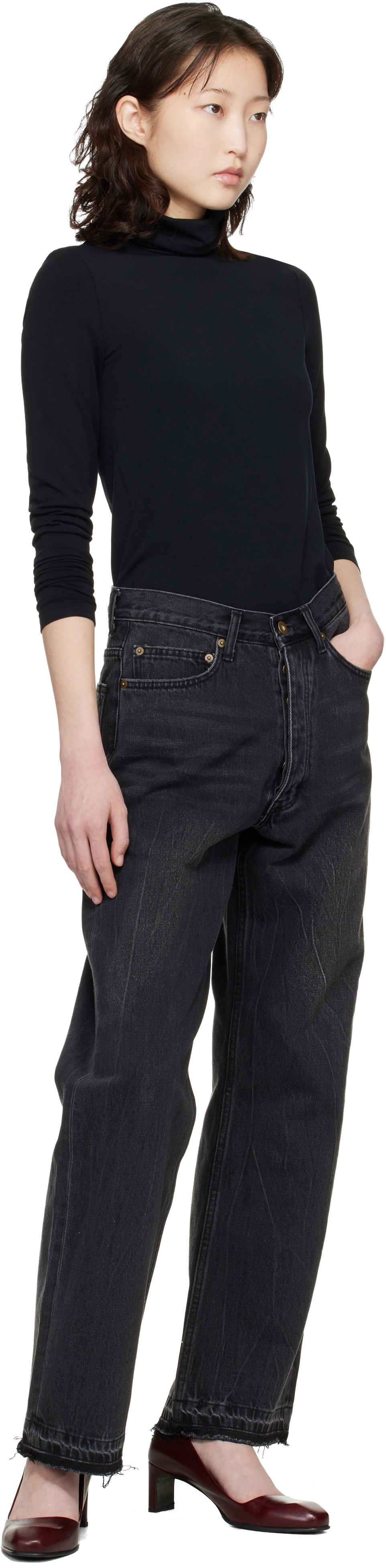 TONYWACK Black Frayed Hem Loose Straight Denim Jeans