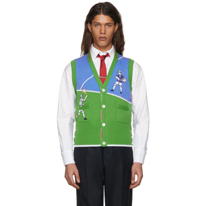 Photo: Thom Browne Green and Blue Tennis Player Classic V-Neck Vest