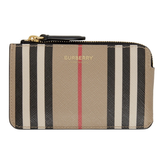 New Burberry Icon Stripe E-canvas and Leather Card Holder in Archive Beige