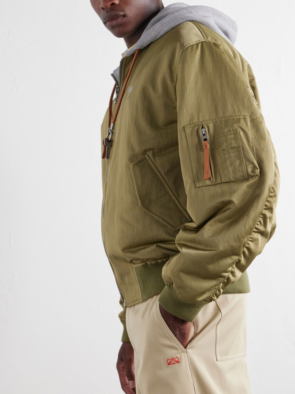 LOEWE - Anagram-Embroidered Leather and Jersey-Trimmed Satin Bomber Jacket - Green