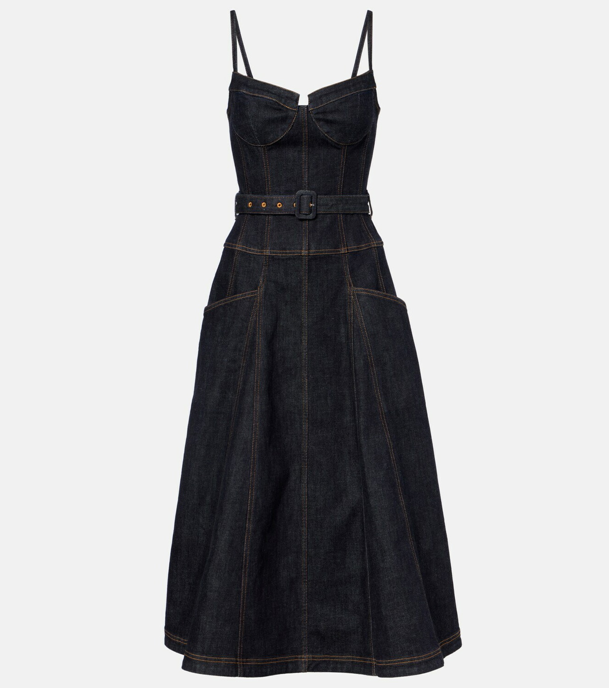 Self-Portrait Belted denim bustier dress